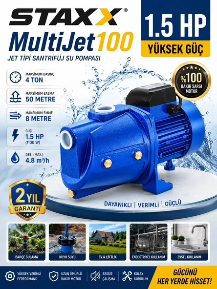 Staxx MultiJet100 1100W 1.5HP Tam Güç Tam Bakır Sargılı Jet Pompa Bahçe Sulama Hidroforu ürün görseli 1