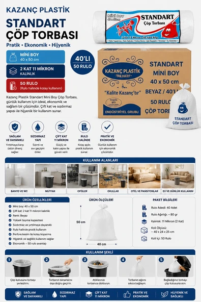 Kazanç Plastik Standart Mini Boy 40x50 Beyaz 40'lı 50 Rulo ürün görseli 1