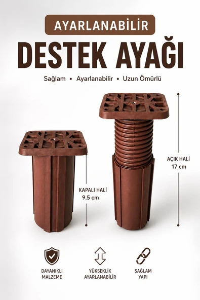Kahve Uzayabilir Kare Başlı Destek Ayağı 9,5x17 Cm Sert Plastik Ayarlanabilir Mobilya Ayağı ürün görseli 1