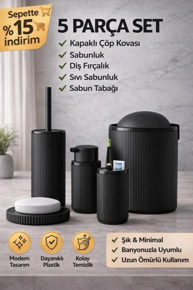 MCKTECH 5’li Banyo Aksesuar Seti /  Lüx Kapaklı Çöp Kovası, Sabunluk, Diş Fırçalık, Dekoratif Yuvarlak ürün görseli 1