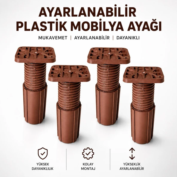 (4 Adet) Kahve Uzayabilir Kare Başlı Destek Ayağı 9,5x17 Cm Sert Plastik Ayarlanabilir Mobilya Ayağı ürün görseli 1