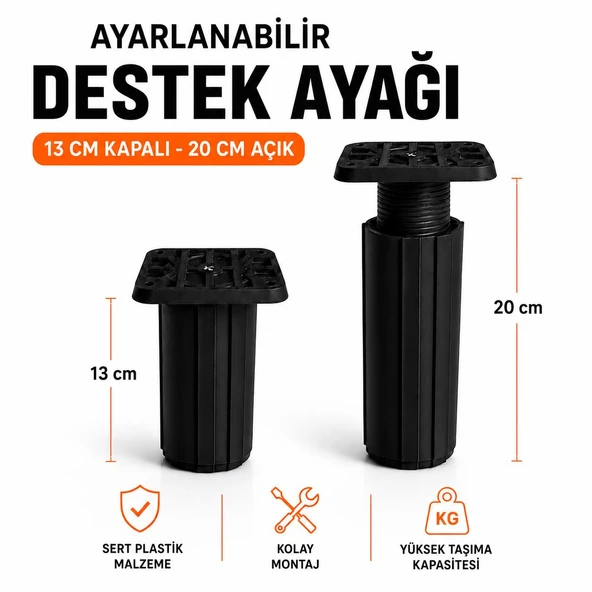 Siyah Ayarlanabilir Kare Başlı Destek Ayağı 13x20 Cm Sert Plastik Tekli Dolap Mobilya Ayağı ürün görseli 1