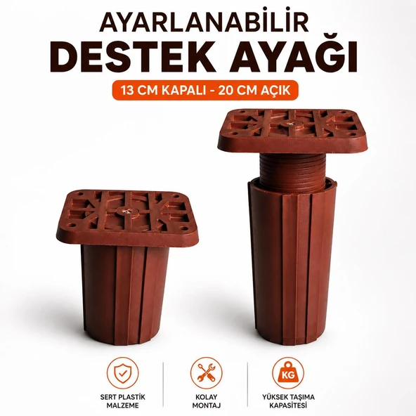 Kahve Uzayabilir Kare Başlı Sert Plastik Destek Ayağı 13x20 Cm Ayarlanabilir Mobilya Ayağı ürün görseli 1