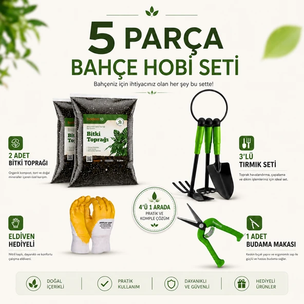 5'Li SET Metal Mini Kürek Çapa Tırmık Bahçe Çim Peyzaj Bitki Çiçek Ekme Toprağı İşleme Budama Makası ürün görseli 1