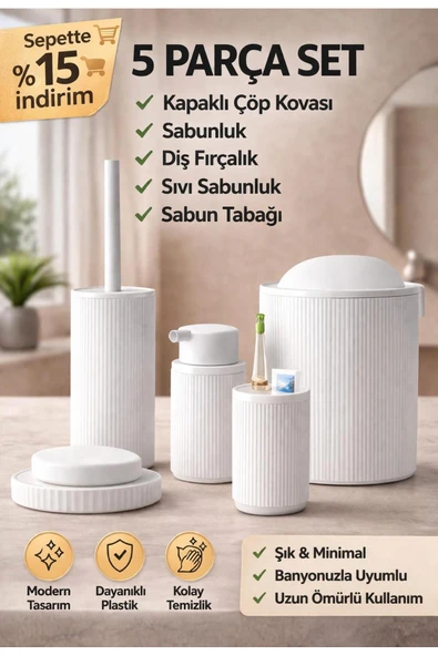 MCKTECH 5’li Banyo Aksesuar Seti  / Lüx Kapaklı Çöp Kovası, Sabunluk, Diş Fırçalık, Dekoratif Yuvarlak ürün görseli 1