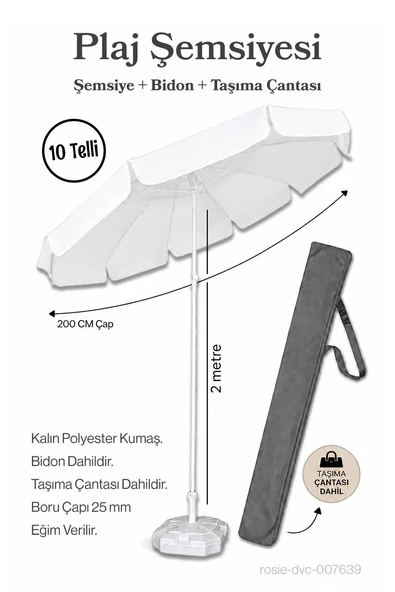 Beyaz Plaj Şemsiyesi 200 cm Çap / 10 Telli + Bidon + Taşıma Çantası Dahil ürün görseli 1