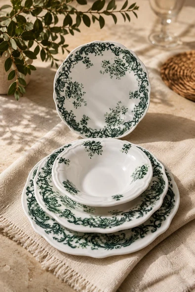 6 Kişilik 24 Parça Vintage Yeşil Desenli Porselen Yemek Takımı Seti ürün görseli 1