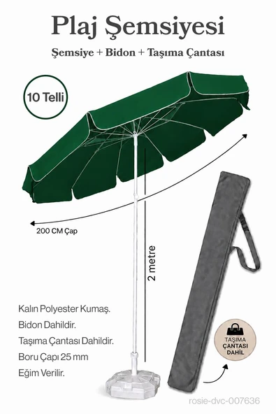Yeşil Plaj Şemsiyesi 200 cm Çap / 10 Telli + Bidon + Taşıma Çantası Dahil ürün görseli 1
