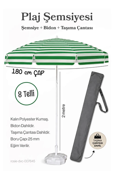 Plaj Şemsiyesi  180 Çap / 8 Telli Yeşil Beyaz + Bidon + Taşıma Çantası Dahil ürün görseli 1