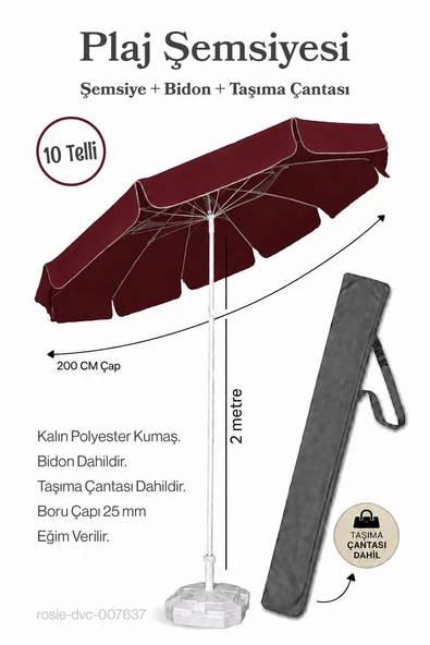 Bordo Plaj Şemsiyesi 200 cm Çap / 10 Telli + Bidon + Taşıma Çantası Dahil ürün görseli 1