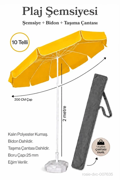 Plaj Şemsiyesi Sarı 200 cm Çap / 10 Telli + Bidon + Taşıma Çantası Dahil ürün görseli 1