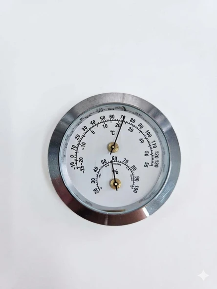ANALOG GÜMÜŞ YUVARLAK ISI NEM ÖLÇER BİMETAL TERMOMETRE  -25+55C / %20-100 nem çap:50mm ürün görseli 1