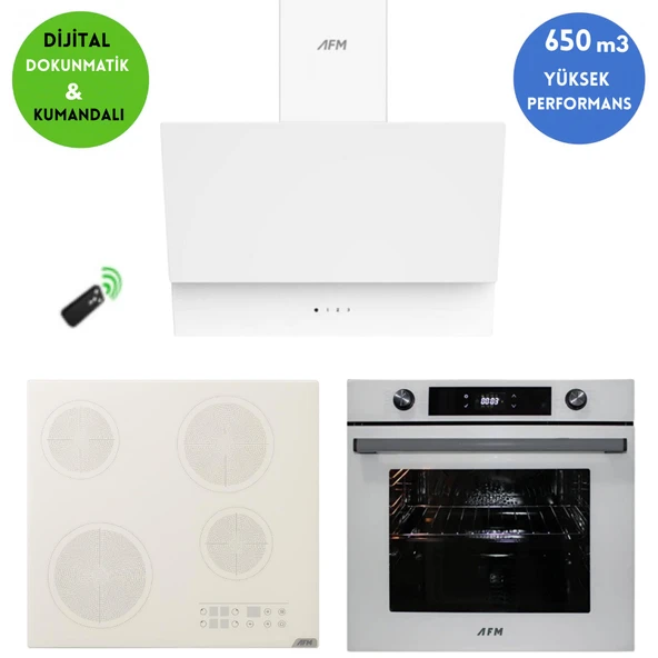 AFM Tech  ROFF Elektrikli Vitroseramik Turbo Beyaz Dijital  Ankastre Set ( FM3401 + V6-05 + FM7701) ürün görseli 1