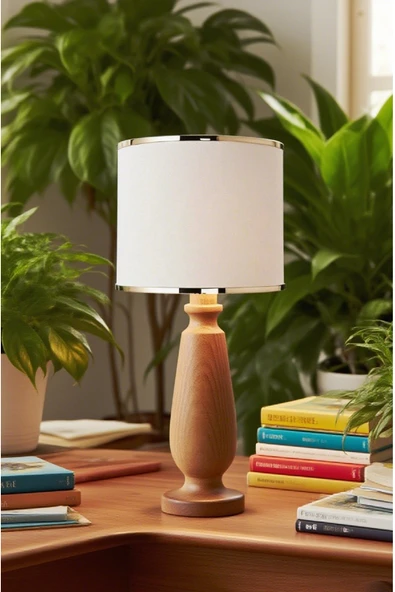 Manolya Masa Abajuru Ahşap Gövde Kumaş Başlık Dekoratif Masa Lambası Gece Lambası ürün görseli 1