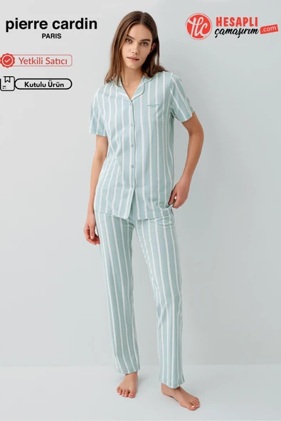 Pierre Cardin Paris Premium Kadın Modal Pamuklu Çizgili Önden Düğmeli Kısa Kollu Pijama Takım ürün görseli 1