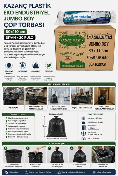 Kazanç Plastik Eko End. Jumbo Boy 80x110 10'lu 20 Rulo Çöp Torbası Siyah ürün görseli 1
