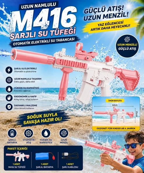 Uzun Namlulu M416 Şarjlı Su Tüfeği Otomatik 60 cm Elektrikli Su Tabancası ürün görseli 1