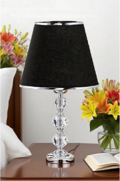 3 taşlı 55 cm masa abajuru cam gövde kumaş başlık metal ayaklı gece lambası aydınlatma ürün görseli 1