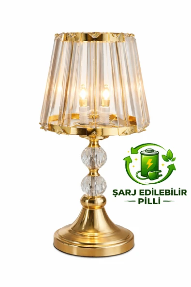 ŞARJ EDİLEBİLİR PİLLİ LED AMPULLÜ T serisi masa abajuru metal ve cam gövde cam başlık ürün görseli 1