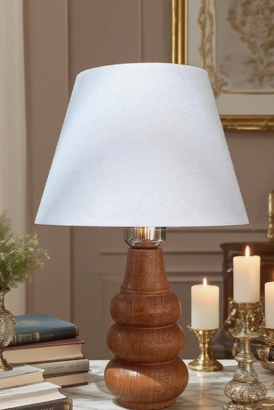Sina Masa Abajuru Ahşap Gövde Kumaş Başlık Dekoratif Masa Lambası Gece Lambası ürün görseli 1