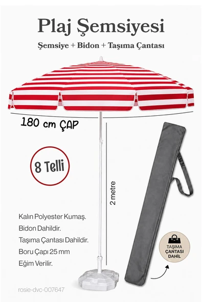 Kırmızı Beyaz Plaj Şemsiyesi 180 Çap / 8 Telli + Bidon + Taşıma Çantası Dahil ürün görseli 1