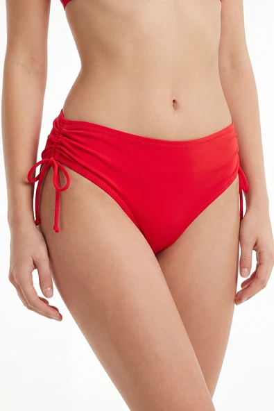 Kırmızı Yanları Büzgülü Yüksek Bel Tek Alt Bikini ürün görseli 1
