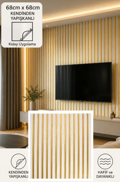 Yapışkanlı Gold Beyaz Akustik Esnek 3D Lambiri 68x68cm Ofis Salon Ev Köpük Duvar Paneli Kağıdı NW192 ürün görseli 1