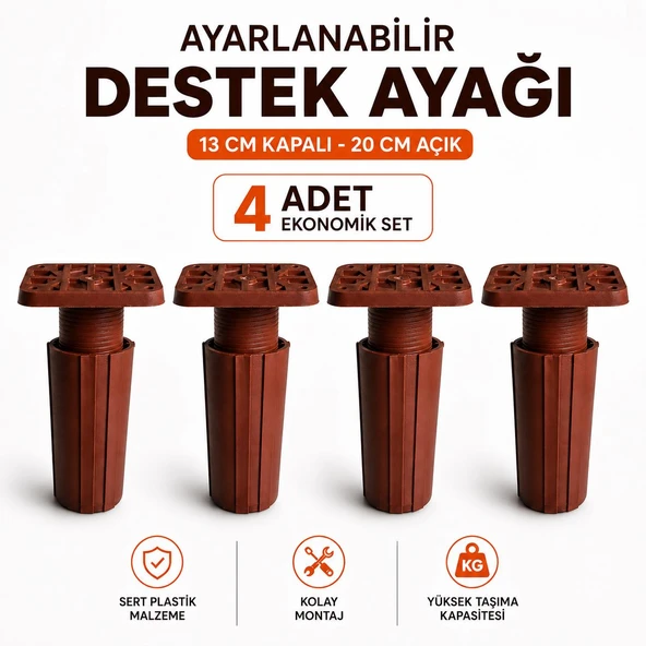 4 Adet Kahve Uzayabilir Kare Başlı Sert Plastik Destek Ayağı 13x20 Cm Ayarlanabilir Mobilya Ayağı ürün görseli 1