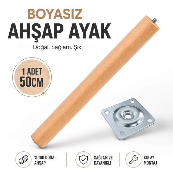 (1 Adet) Bohem 50 cm Doğal Ahşap Boyasız Silindir Sehpa Ayağı - (1 Adet) 4x4 Metal Montaj Aparatı ürün görseli 1
