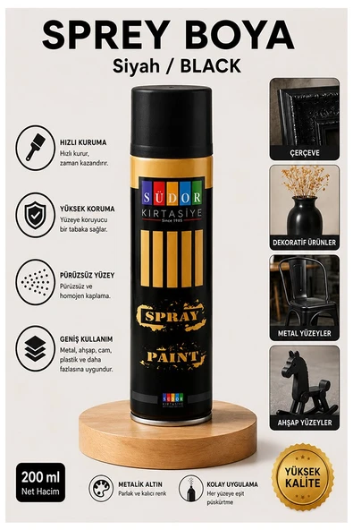 Siyah Sprey Boya 200 ml 1 Adet Südor Hızlı Kuruyan Renkli Profesyonel Canlı Renk Ahşap Plastik Demir Metal Porselen Cam ürün görseli 1
