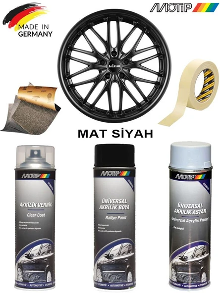 MOTİP Mat Siyah Jant Boyama Rötuş Seti Akrilik Sprey Boya + Vernik + Astar 500 ML ürün görseli 1