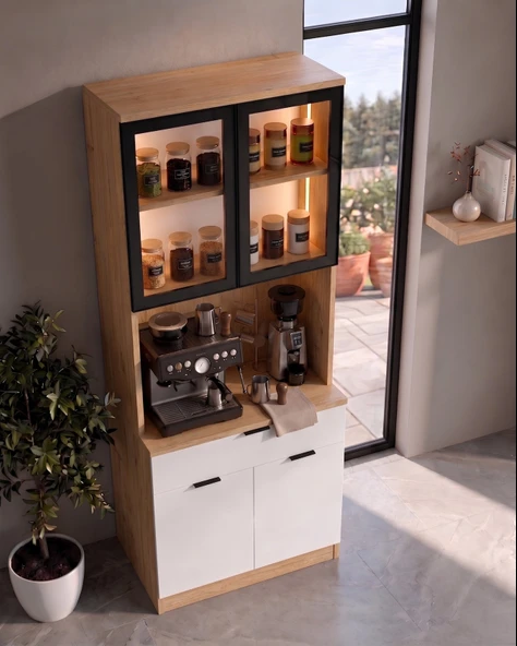 Dream Premium Minimal Kahve İstasyonu - Safir Meşe Temperli Camlı LEDLİ Modül ürün görseli 1