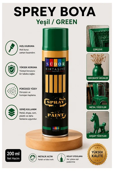 Yeşil Sprey Boya 200 ml 1 Adet Südor Hızlı Kuruyan Renkli Profesyonel Canlı Renk Ahşap Plastik Demir Metal Porselen Cam ürün görseli 1