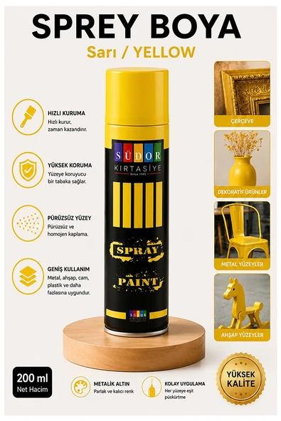 Sarı Sprey Boya 200 ml 1 Adet Südor Hızlı Kuruyan Renkli Profesyonel Canlı Renk Ahşap Plastik Demir Metal Porselen Cam ürün görseli 1