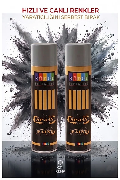 Gri Sprey Boya 200 ml 2 Adet Südor Hızlı Kuruyan Renkli Profesyonel Canlı Renk Ahşap Plastik Demir Metal Porselen Cam ürün görseli 1