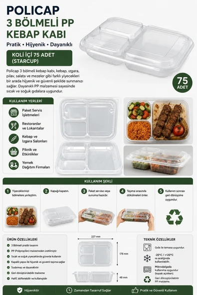 Policap 3 Bölmeli PP Kebap Kabı Koli içi 75 Adet (Starcup) ürün görseli 1