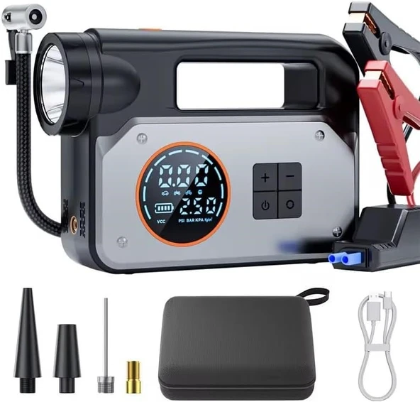 Suitu AT-005 12.000mAh Akü Takviye Cihazı | 4'ü 1 Arada Powerbank, Fener Hava Kompresörü, LCD Ekran, 150PSI ürün görseli 1