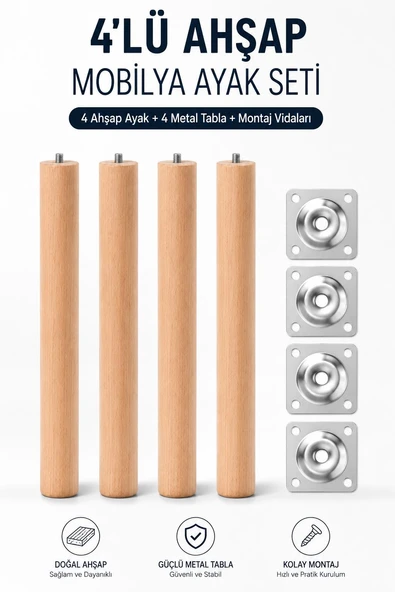 (4 Adet) Bohem 40 cm Doğal Ahşap Boyasız Silindir Sehpa Ayağı - (4 Adet) 4x4 Metal Montaj Aparatı ürün görseli 1
