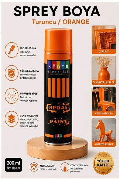 Turuncu Sprey Boya 200 ml 1 Adet Südor Hızlı Kuruyan Renkli Profesyonel Canlı Renk Ahşap Plastik Demir Metal Porselen ürün görseli 1