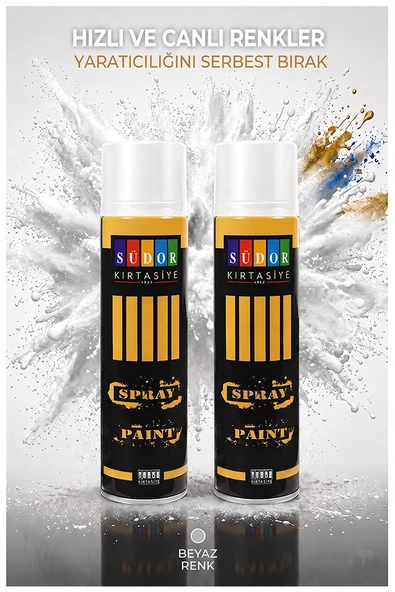 Beyaz Sprey Boya 200 ml 2 Adet Südor Hızlı Kuruyan Renkli Profesyonel Canlı Renk Ahşap Plastik Demir Metal Porselen Cam ürün görseli 1