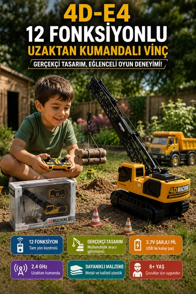 4D-E4 12 Fonksiyonlu Uzaktan Kumandalı Vinç Şarjlı Metal Paletli İş Makinesi Oyuncak ürün görseli 1