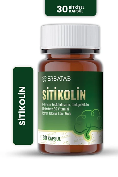 ERBATAB Sitikolin – L-Tirozin, Fosfatidilserin, Ginkgo Biloba Ekstraktı ve B6 Vitamini İçeren Takviye Edici Gıda – 30 Vcaps® ürün görseli 1