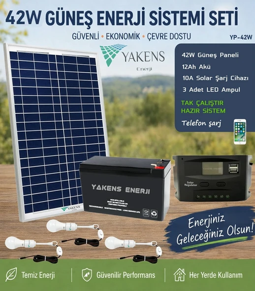 42W Hazır Solar Paketi Güneş Paneli Enerji Sistem 12ah Akü + 10a Şarj Kontrol Cihazı + 3 Led Ampul | Taşınabilir Telefon Şarjlı Hazır Solar Aydınlatma Paketi ürün görseli 1