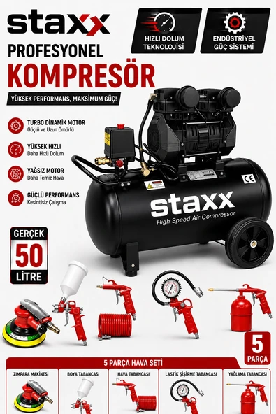 Staxx 50 LT Güçlü SessizHava Kompresörü + 5 Parça Kompresör Seti + Havalı Orbital Zımpara Seti Hediy ürün görseli 1