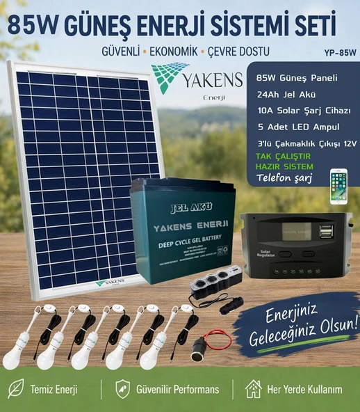 85w Hazır Solar Paketi Güneş Paneli Enerji Sistem 24ah Jel Akü + 10a Şarj Kontrol Cihazı + 5 Led Ampul + 3'lü Çakmaklık Çıkışı | Taşınabilir Telefon Şarjlı Hazır Solar Aydınlatma Paketi ürün görseli 1