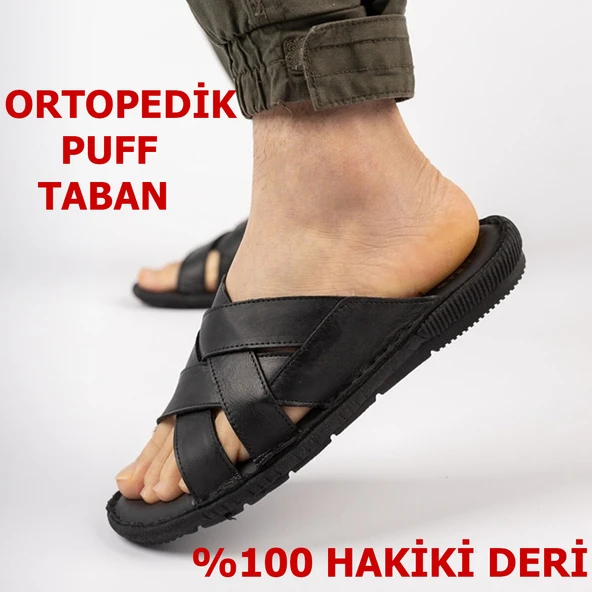 034 TAM Ortopedik Taban Günlük Hakiki Deri Erkek Terlik Deri Terlik ürün görseli 1