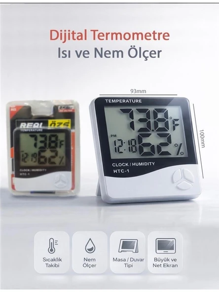 Real Özs HTC-1 Dijital Saat -Alarm - Termometre- Isı Ve Nem Ölçer ürün görseli 1