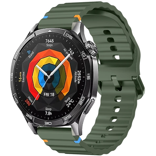 Huawei Watch GT5 46mm İle Uyumlu Dalga Desenli Tokalı Yumusaş Soft Silikon Kordon  Haki ürün görseli 1