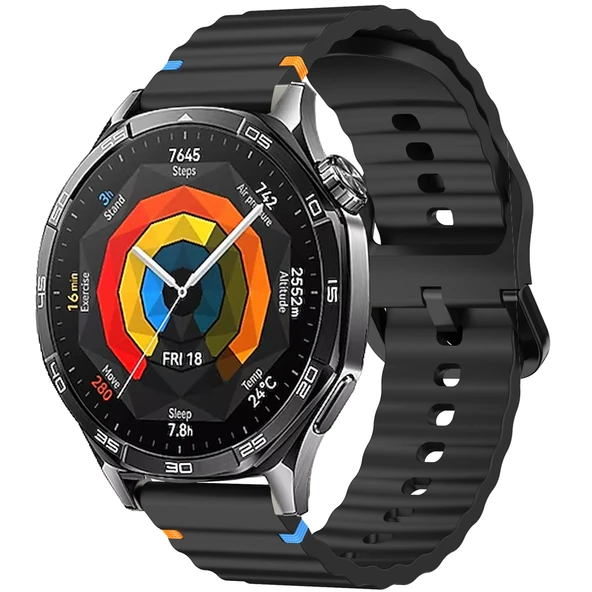 Huawei Watch GT4 46mm İle Uyumlu Dalga Desenli Tokalı Yumusaş Soft Silikon Kordon  Siyah ürün görseli 1