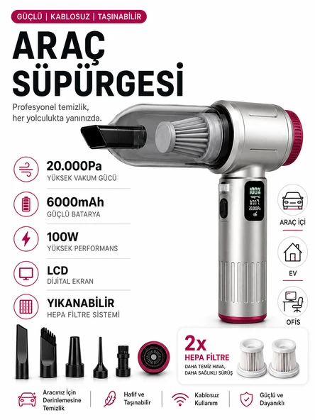 20000Pa 6000mAh 100W LCD Ekranlı LED Işıklı Kablosuz Araç İçi Süpürge 2x HEPA Filtreli Mini El Süpürgesi ürün görseli 1